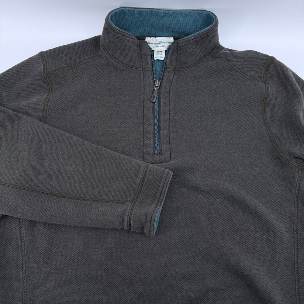 Tommy Bahama Sweatshirt Mens M Reversible Quarter Zip Pullover Gray Blue